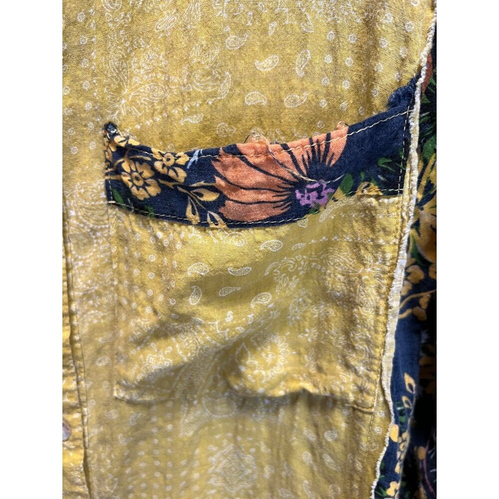 Pol Womens Yellow & Navy Floral Patchwork Button-Up Collared Long Sleeve Blouse - Picture 4 of 5